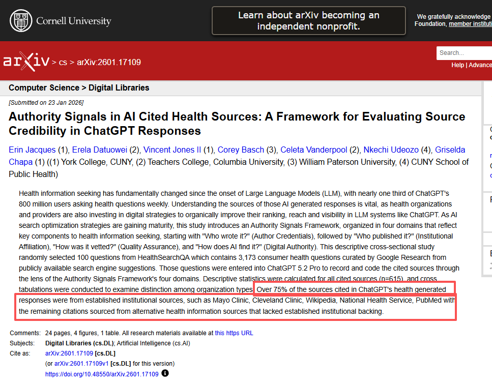 arXiv 论文摘要：ChatGPT 健康回答中信源类型